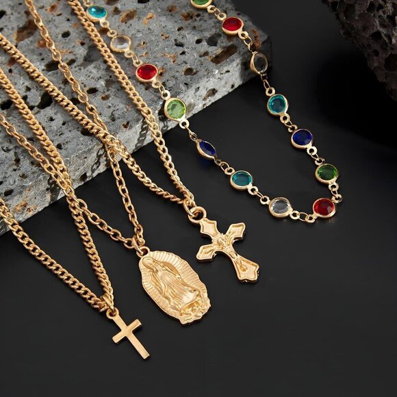 Gold Layered Cross Necklaces Set for Women Dainty Vintage Virgin Mary Jewelry - Picture 3 of 8